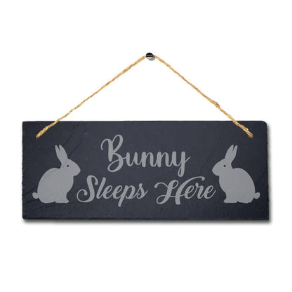Bunny Sleeps Here Laser Engraved Hanging Slate Rabbit Bunny Home Plaque Sign