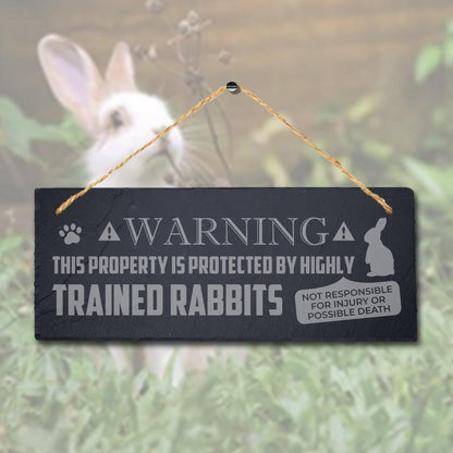 Warning The Property Protected By Trained Rabbit Hanging Slate Bunny Plaque Sign