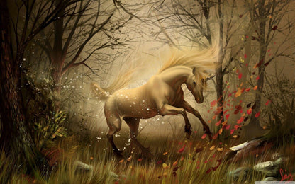 White Unicorn Fantasy Woods Autumn Giant Poster - A5 A4 A3 A2 A1 A0 Sizes