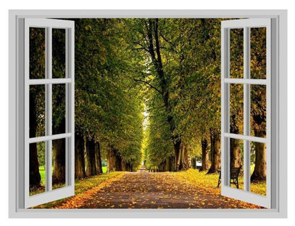 Forest Path Grass Autumn Leaves Window Poster Crack Smashed Wall Sticker Vinyl Decal