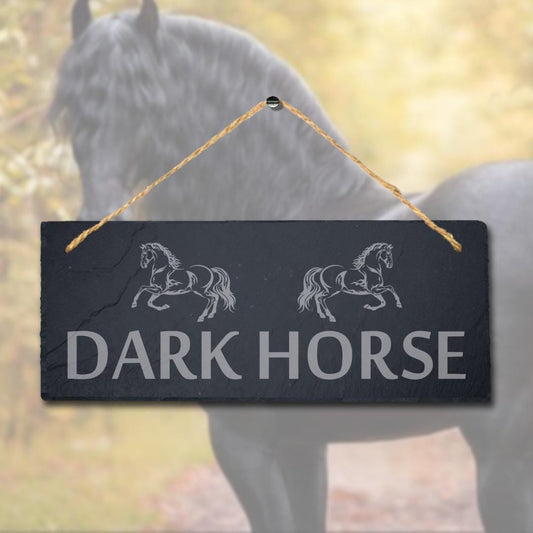 Dark Horse Laser Engraved Hanging Slate Horse Shed Decor Pet Animal Plaque Sign