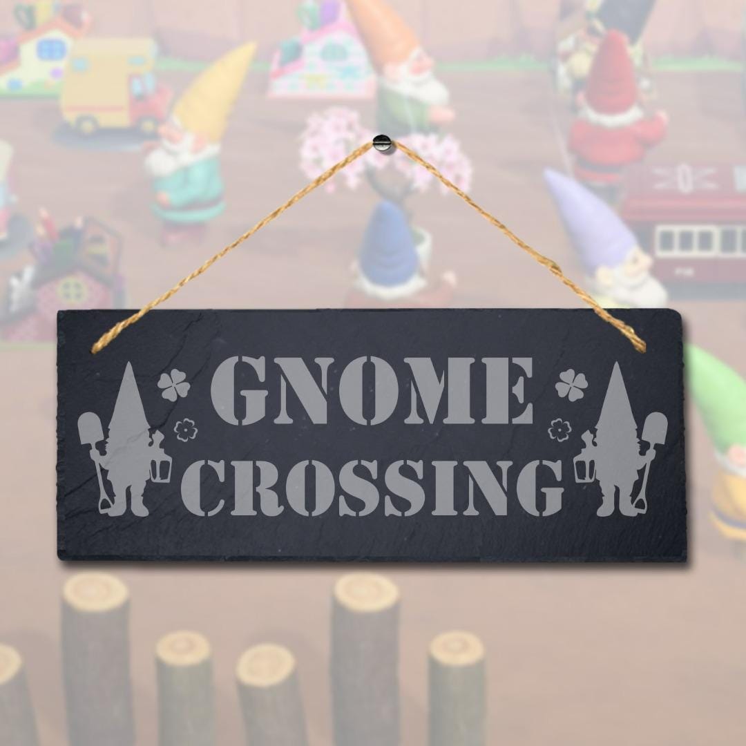 Gnomes Crossing Laser Engraved Hanging Slate Garden Home Decor Plaque Sign