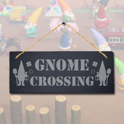 Gnomes Crossing Laser Engraved Hanging Slate Garden Home Decor Plaque Sign