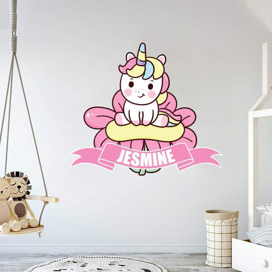 Personalised Flower Unicorn Wall Sticker Name Vinyl Decal Girls Kids Nursery Bedroom