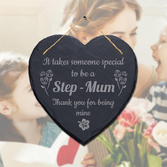 Step Mum Gift: Heart Slate Hanging Plaque with Jute Rope