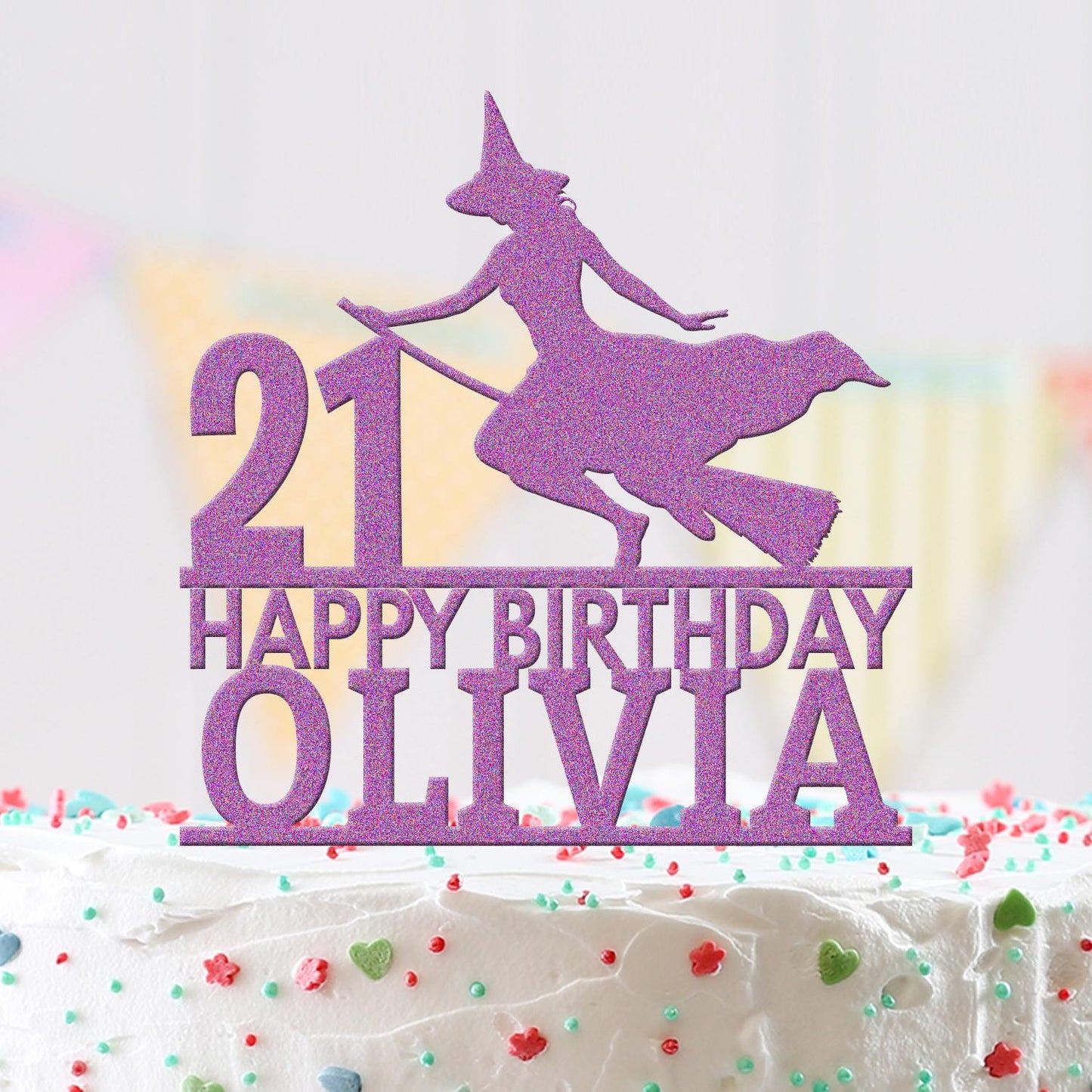 Personalised Acrylic Witch Broom Girls Birthday Cake Topper Decoration Gift