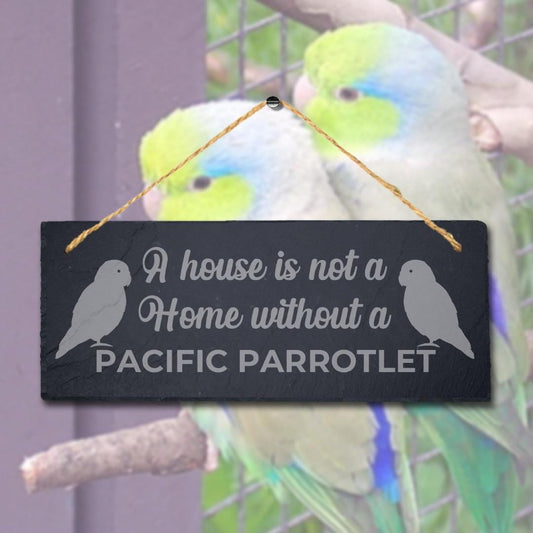 House Not Home Without Pacific Parrotlet Laser Engraved Hanging Slate Bird Sign