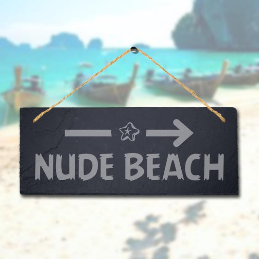 Nude Beach Left Way Arrow Engraved Hanging Slate Ocean Sea Beach Plaque Sign