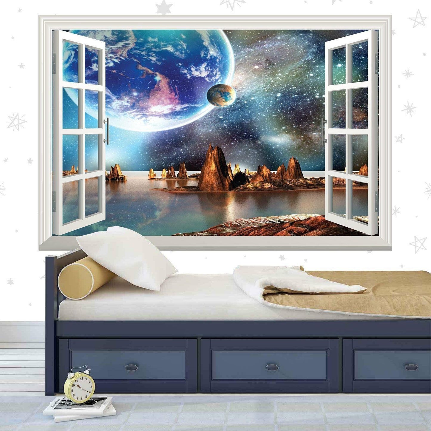 3D Alien Planet Window View Wall Decal - Fantasy Landscape Mural