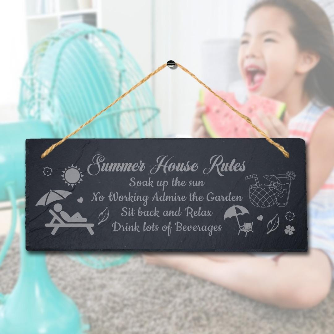 Summer House Rules Soak Up The Laser Engraved Hanging Slate Garden Plaque Sign