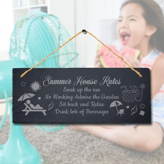 Summer House Rules Soak Up The Laser Engraved Hanging Slate Garden Plaque Sign