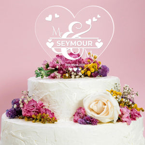 Personalised Name Wedding Cake Topper Engraved Acrylic Heart Mr & Mrs Decoration