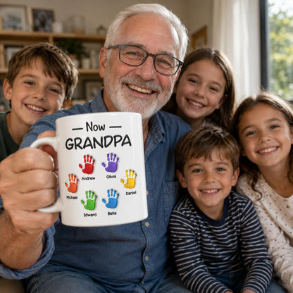 First Dad Now Grandpa Personalized Handprints with 3D Inflated Effect | Ceramic Coffee Mug | Father's Day Gift | Stylish Printed Design | Tea & Coffee Cup | 11oz