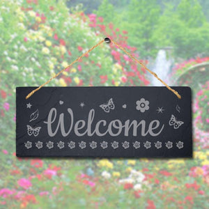 Welcome Butterfly Pattern Laser Engraved Hanging Slate Home Decor Plaque Sign