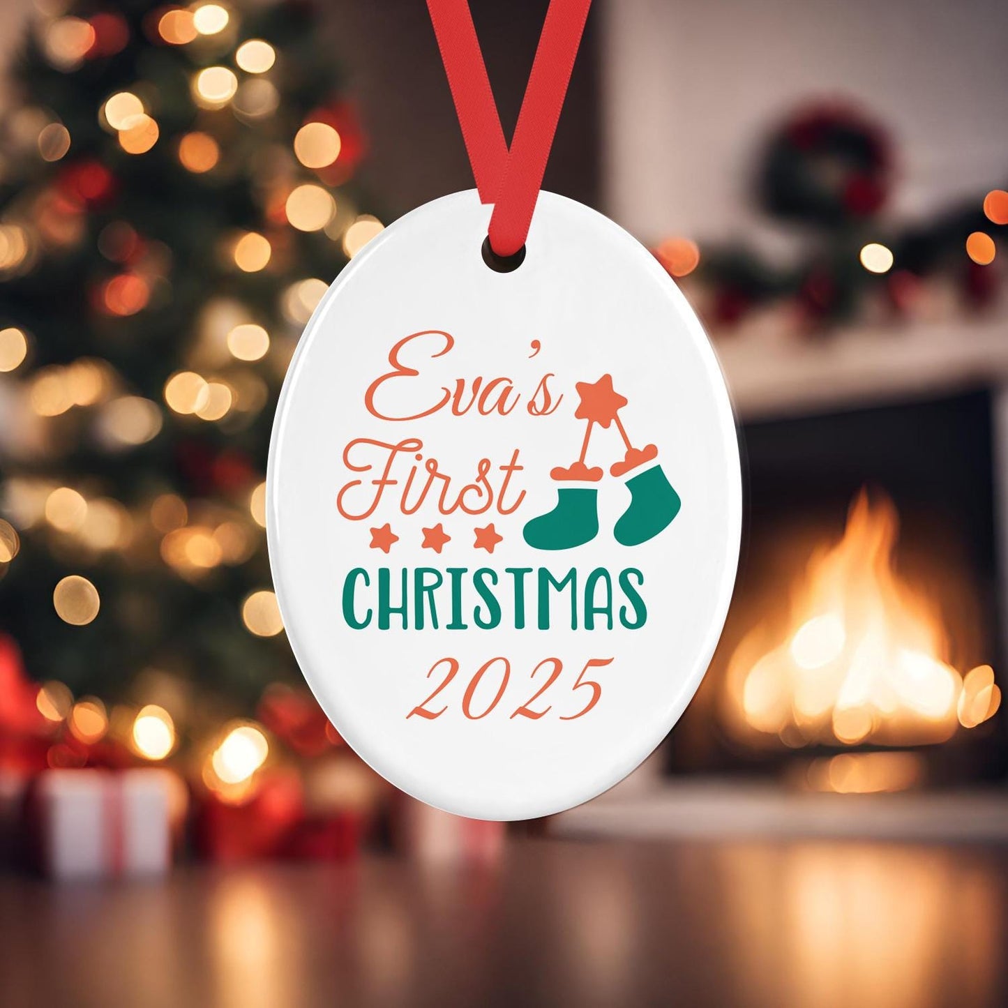 Personalised Babys First Christmas Oval Ceramic Bauble Tree Hanging Decoration Keepsake