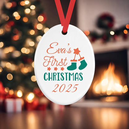 Personalised Babys First Christmas Oval Ceramic Bauble Tree Hanging Decoration Keepsake