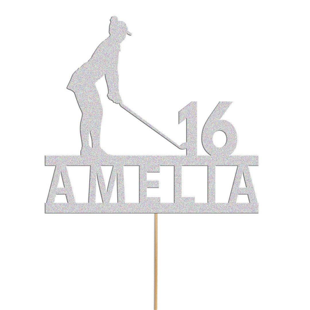 Personalised Glitter Woman Golfer Cake Topper: Any Name & Age