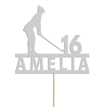Personalised Glitter Woman Golfer Cake Topper: Any Name & Age