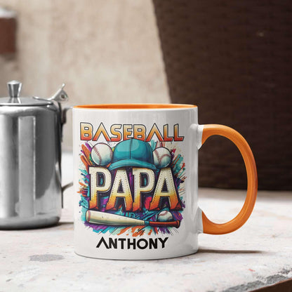 Baseball Papa With Personalized Name | Ceramic Coffee Mug | Father's Day Gift | Stylish Printed Design | Tea & Coffee Cup | 11oz | Orange Two-Tone Design