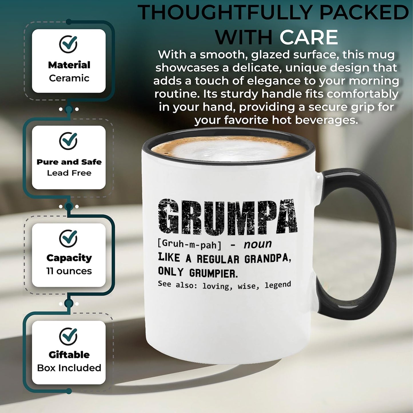 Grumpa Definition Tea Black Handle Funny Grandpa Humor Design Novelty for Grandpa | Ceramic Coffee Mug | Father's Day Gift | Stylish Printed Design | Tea & Coffee Cup | 11oz | Black Two-Tone Design