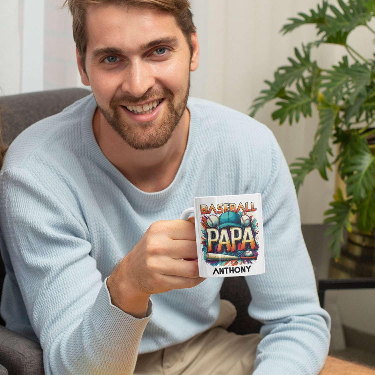 Baseball Papa With Personalized Name | Ceramic Coffee Mug | Father's Day Gift | Stylish Printed Design | Tea & Coffee Cup | 11oz | Orange Two-Tone Design