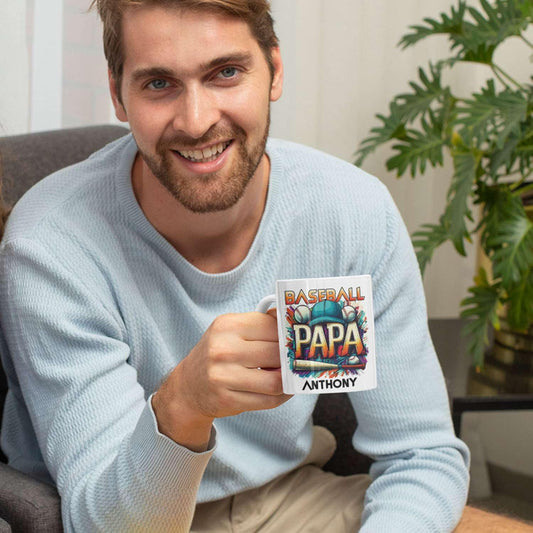 Baseball Papa With Personalized Name | Ceramic Coffee Mug | Father's Day Gift | Stylish Printed Design | Tea & Coffee Cup | 11oz | Orange Two-Tone Design