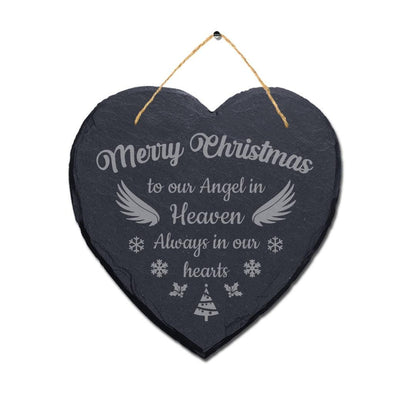 Merry Christmas To Our Angel Engraved Wall Hanging Memorial Heart Shape Slate Sign
