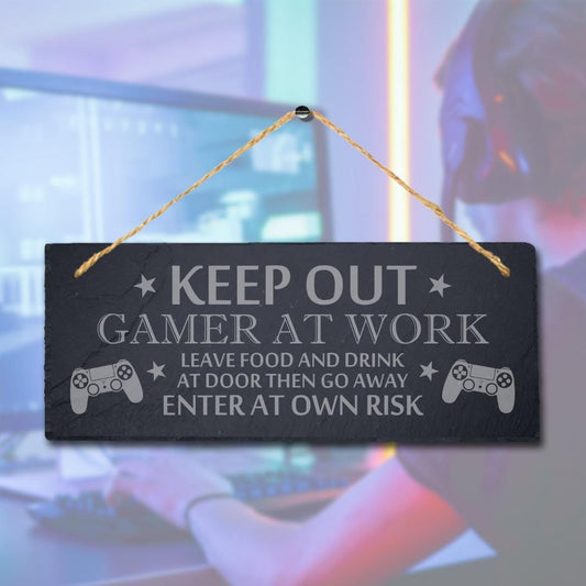 Keep Out Gamer Work Laser Engraved Hanging Slate Video Gaming Door Plaque Sign