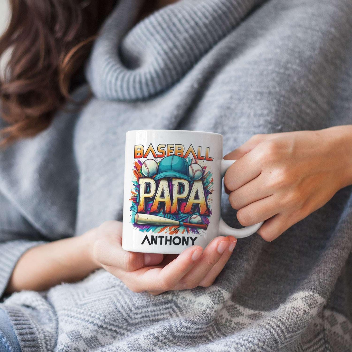Baseball Papa With Personalized Name | Ceramic Coffee Mug | Father's Day Gift | Stylish Printed Design | Tea & Coffee Cup | 11oz | Orange Two-Tone Design