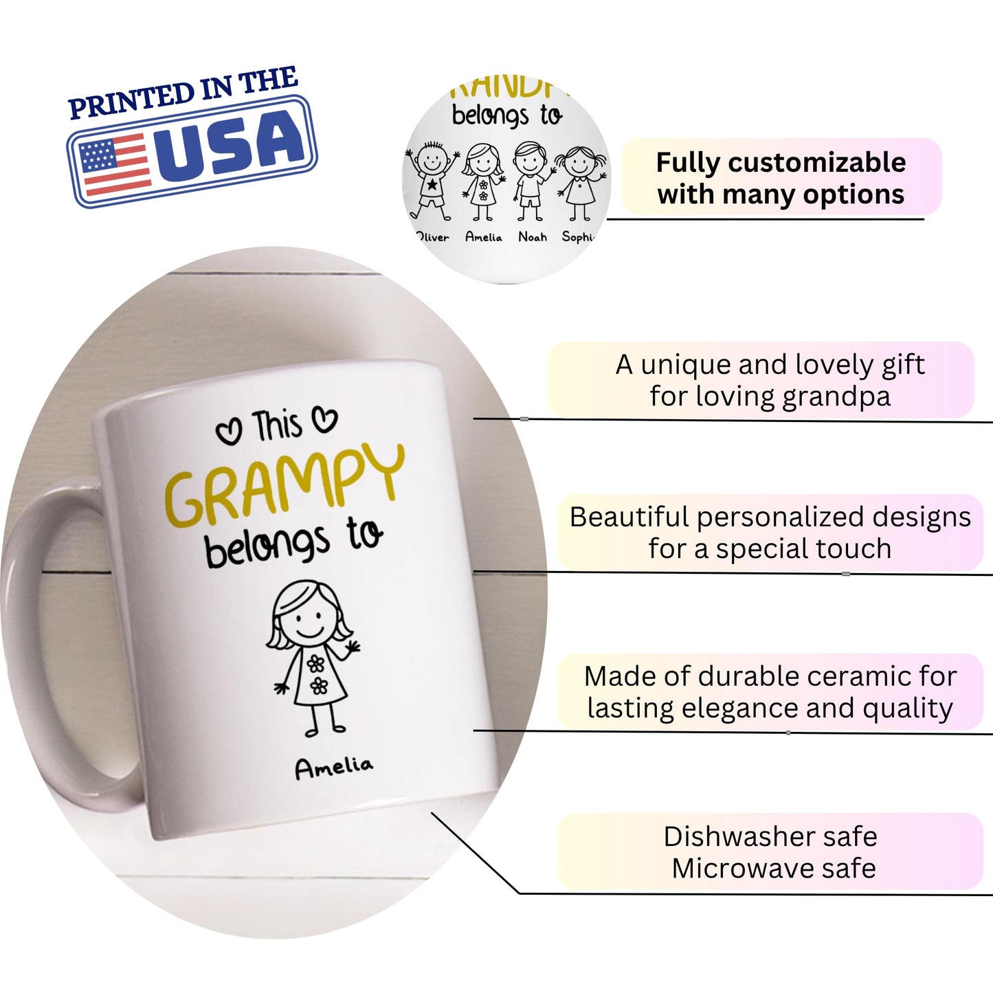 This Grandpa Belongs To Custom Cute Kids and Names | Ceramic Coffee Mug | Father's Day Gift | Stylish Printed Design | Tea & Coffee Cup | 11oz