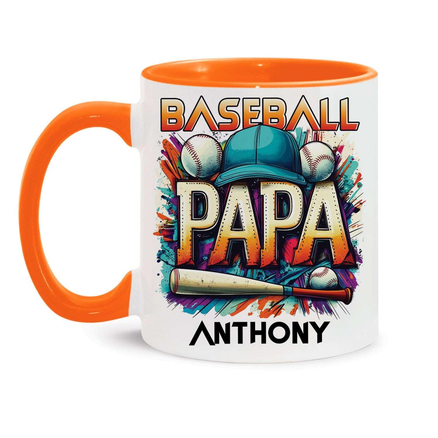Baseball Papa With Personalized Name | Ceramic Coffee Mug | Father's Day Gift | Stylish Printed Design | Tea & Coffee Cup | 11oz | Orange Two-Tone Design