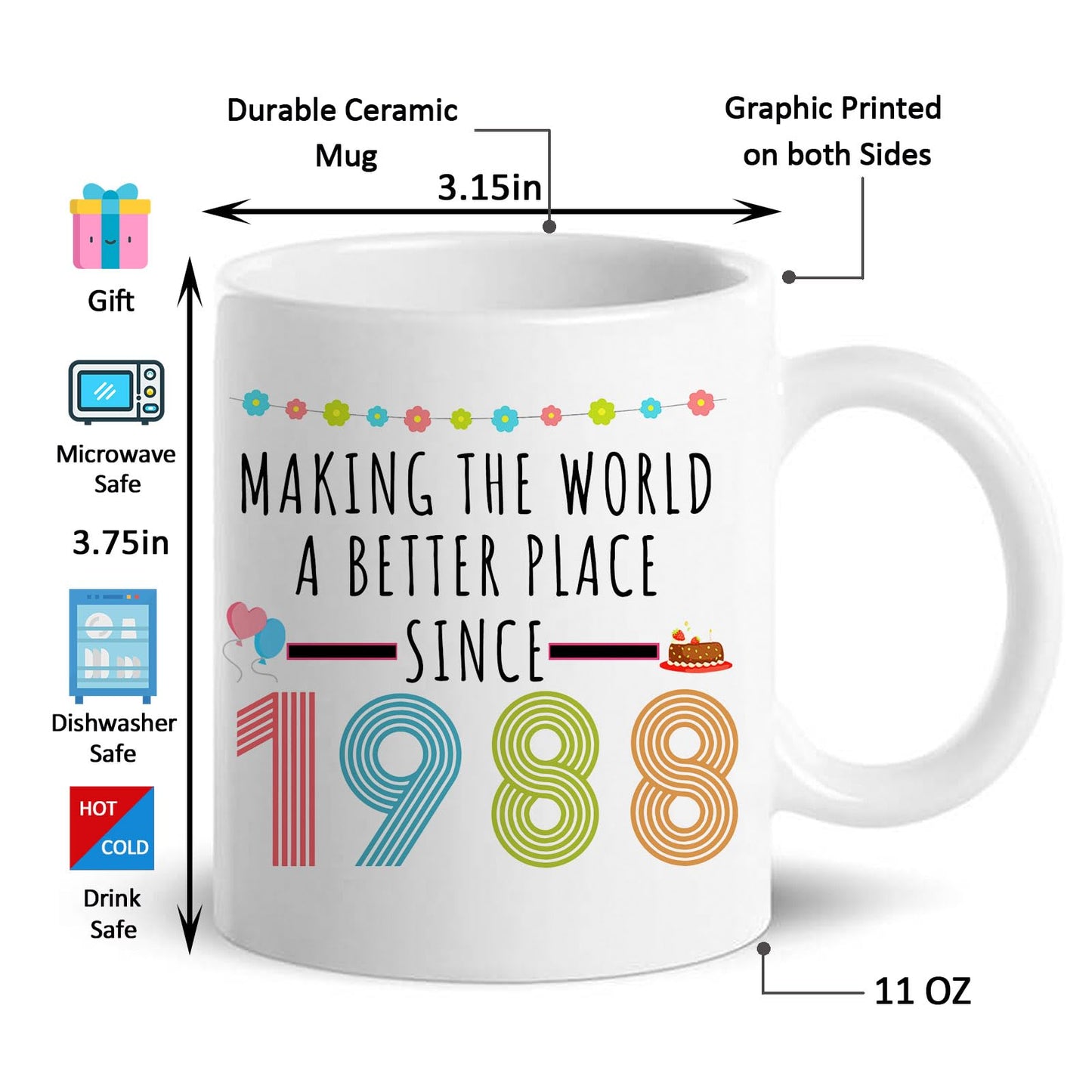 1988 38th for Women Men | Ceramic Coffee Mug | Father's Day Gift | Stylish Printed Design | Tea & Coffee Cup | 11oz