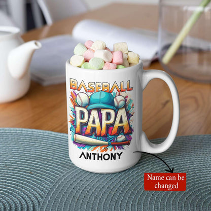 Baseball Papa With Personalized Name | Ceramic Coffee Mug | Father's Day Gift | Stylish Printed Design | Tea & Coffee Cup | 11oz | Orange Two-Tone Design