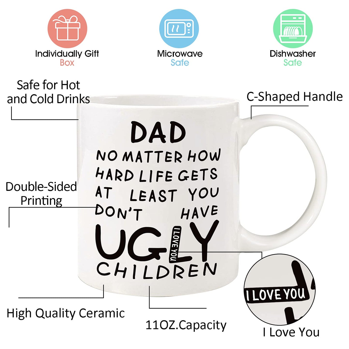 Dad from Daughter Son Wife | Ceramic Coffee Mug | Father's Day Gift | Stylish Printed Design | Tea & Coffee Cup | 11oz