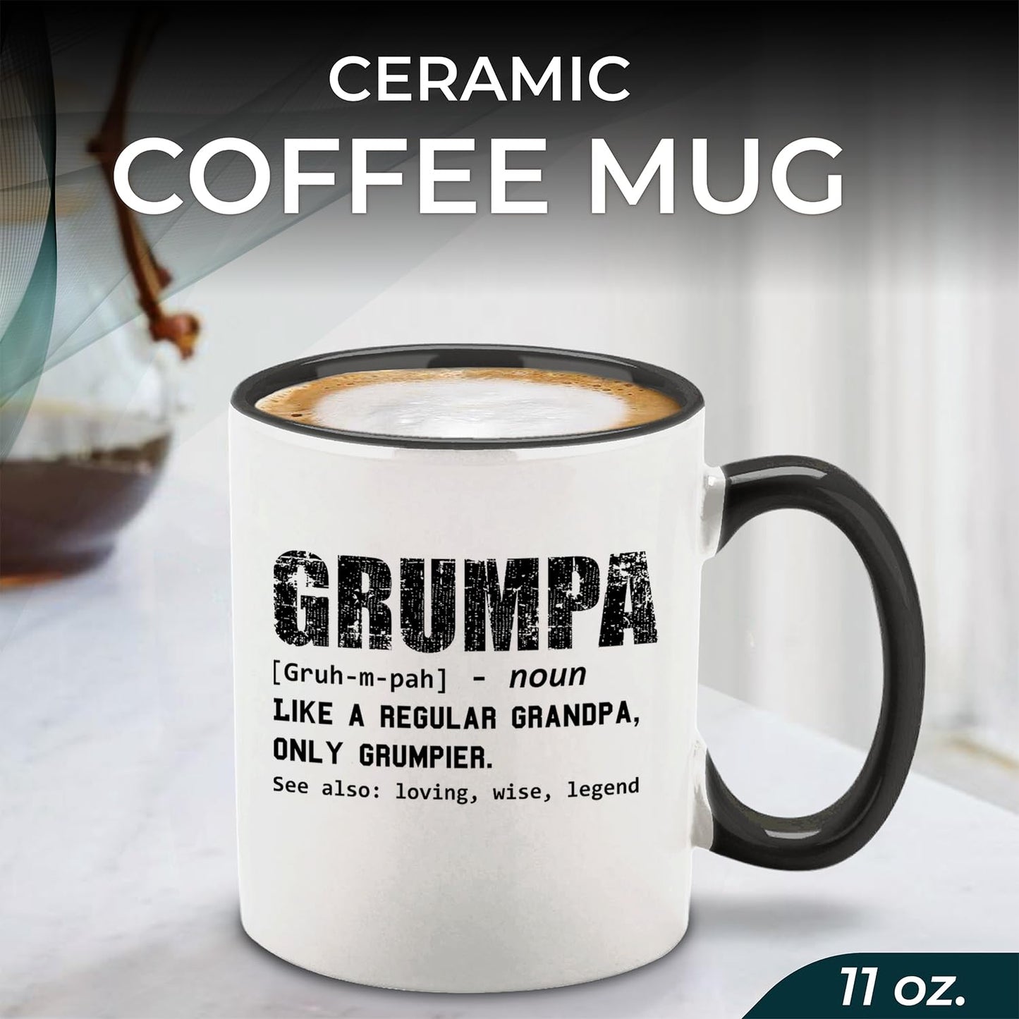 Grumpa Definition Tea Black Handle Funny Grandpa Humor Design Novelty for Grandpa | Ceramic Coffee Mug | Father's Day Gift | Stylish Printed Design | Tea & Coffee Cup | 11oz | Black Two-Tone Design