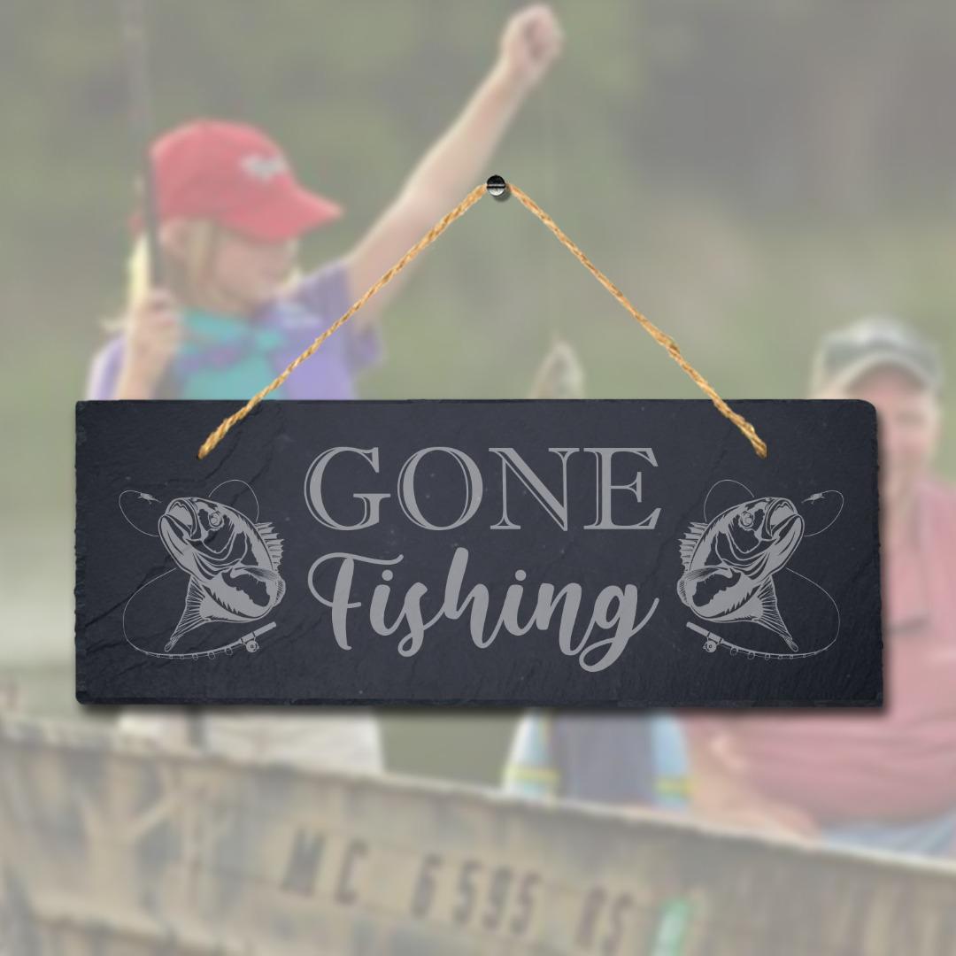 Gone Fishing Sea Laser Engraved Hanging Slate Fishing Fish Reel Ocean Plaque Sign