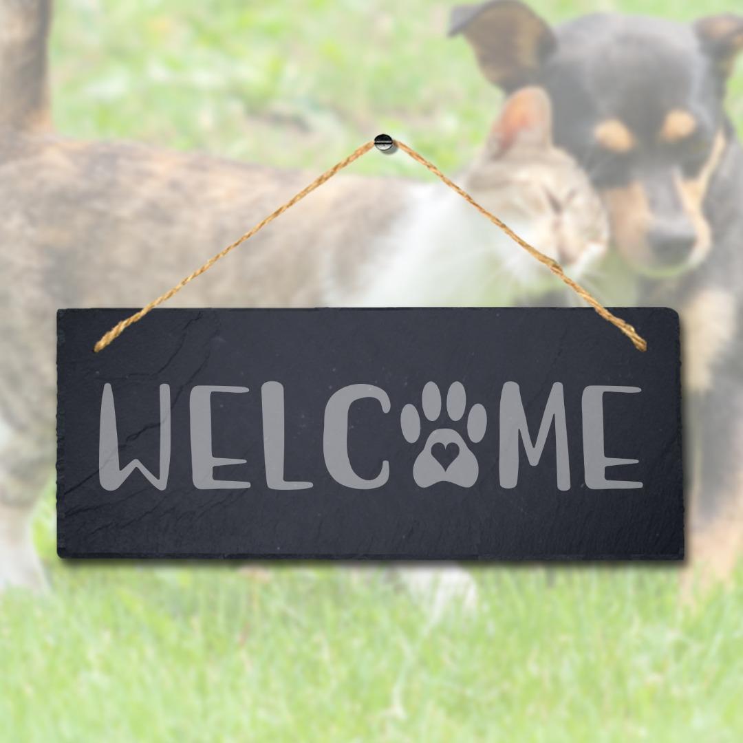 Welcome With Paw Print Laser Engraved Hanging Slate Home Decor Plaque Sign