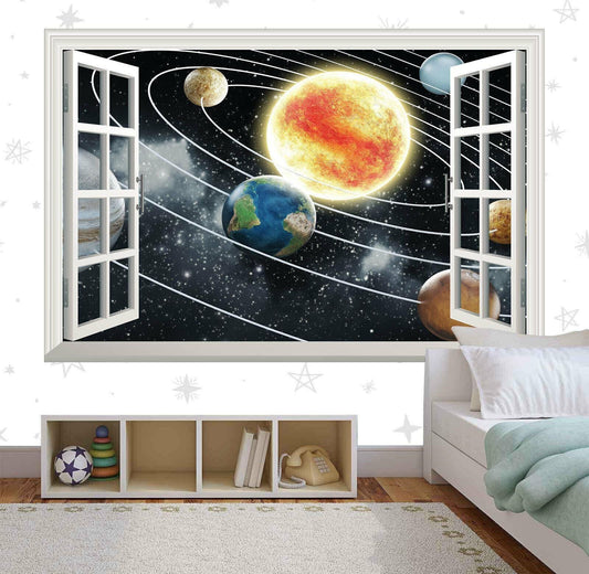 3D Solar System Window View Wall Decal: Galaxy Planets Vinyl Mural