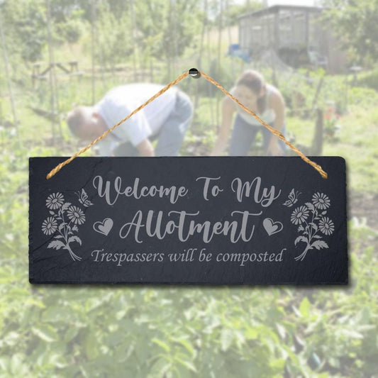 Welcome To My Allotment Laser Engraved Hanging Slate Garden Decor Plaque Sign