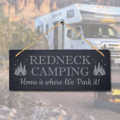 Home Where We Park Caravan Laser Engraved Hanging Slate Camping Fun Plaque Sign