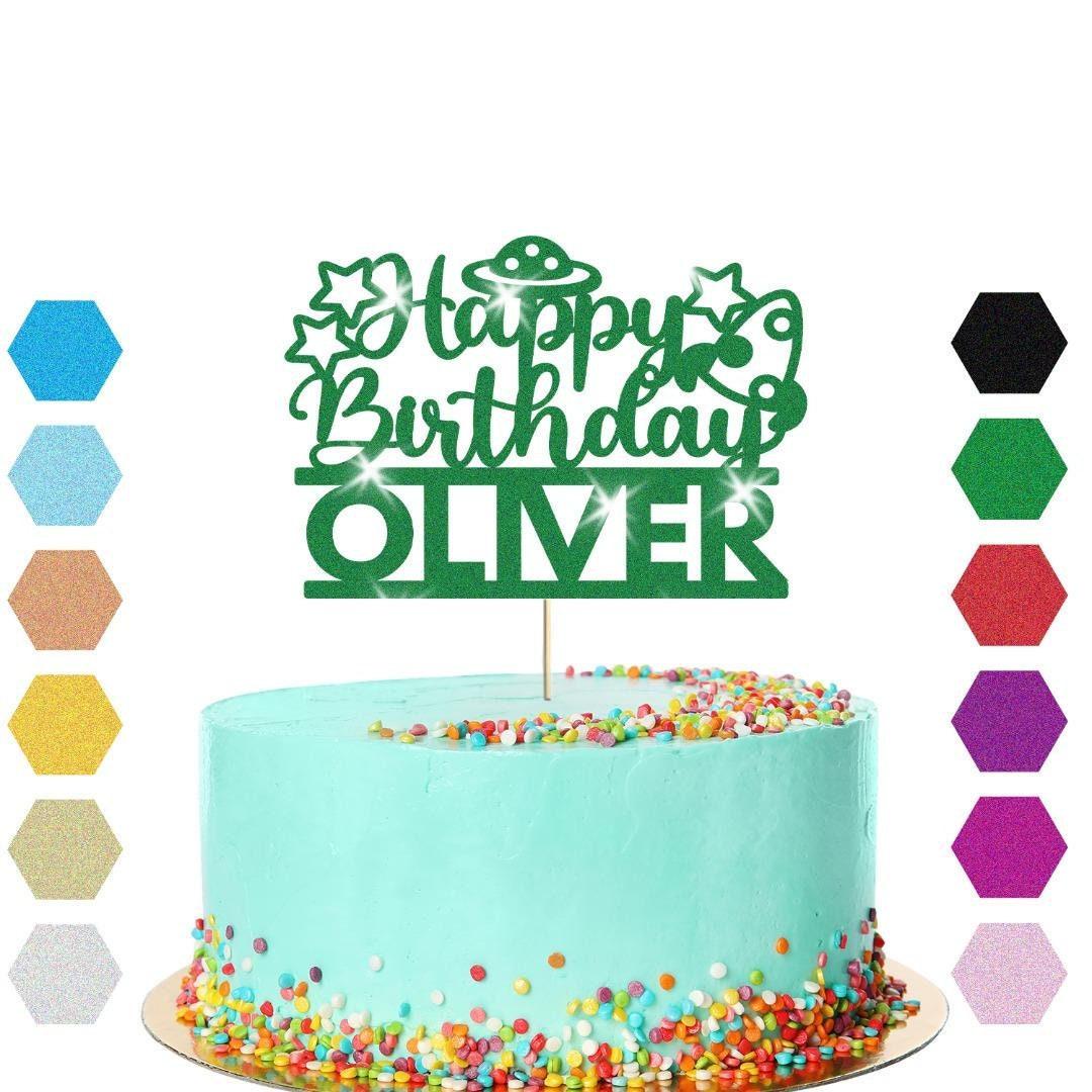 Personalised Glitter Outer Space Birthday Cake Topper: Alien UFO Theme Party Decoration