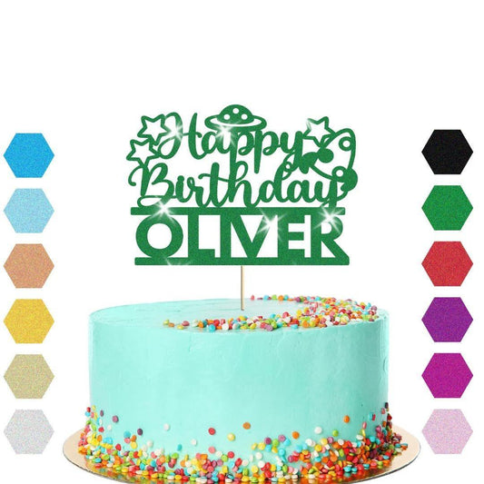 Personalised Glitter Outer Space Birthday Cake Topper: Alien UFO Theme Party Decoration