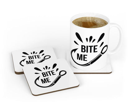 Bite Me Mug & Coaster Set Fishing Hook Fisherman Birthday Christmas Coffee Gift