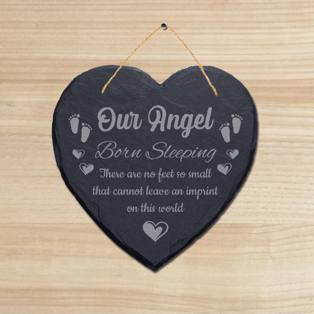 Our Angel Born Sleeping Laser Engraved Hanging Memorial Heart Shape Slate Sign