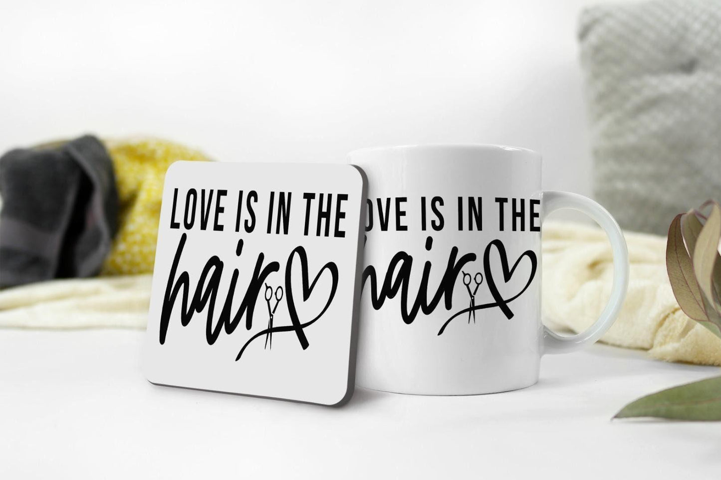 Love Is In The Hair Mug & Coaster Set Hairdresser Hairstylist Beautician Gift
