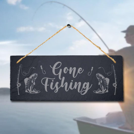 Gone Fishing Laser Engraved Hanging Slate Beach Sea Fishing Point Plaque Sign