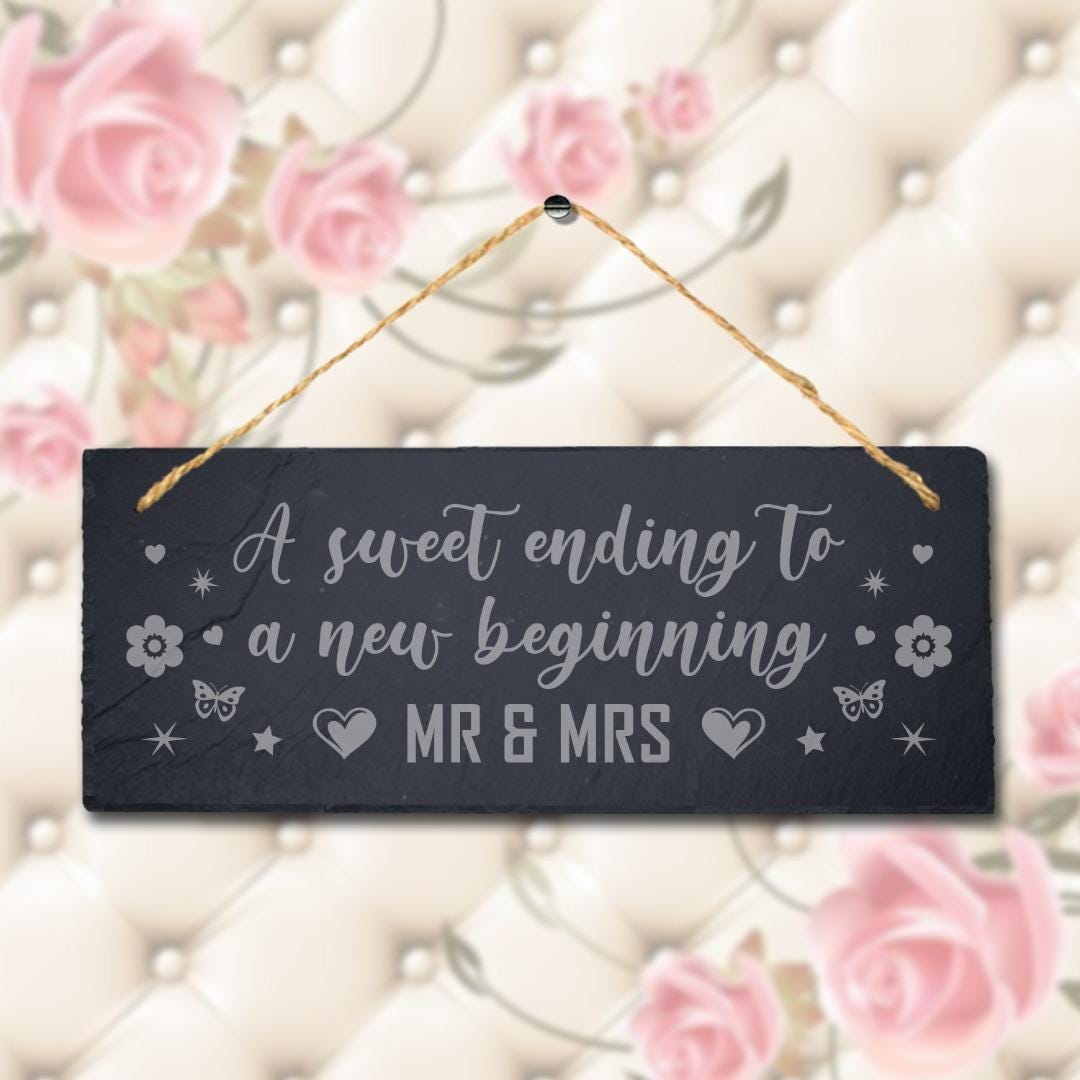 Laser Engraved Slate Wedding Plaque: Sweet Ending New Beginning