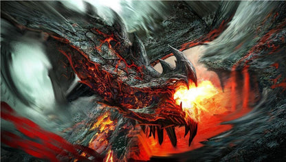 Dragon Fire Window View Wall Decal: 3D Fantasy Apocalypse Poster