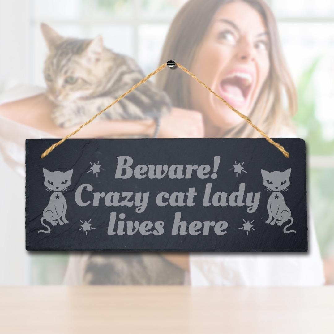 Beware Crazy Cat Lady Lives Here Laser Engraved Hanging Slate Pet Plaque Sign