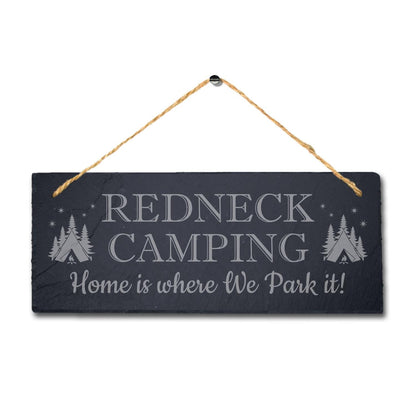 Home Where We Park Caravan Laser Engraved Hanging Slate Camping Fun Plaque Sign